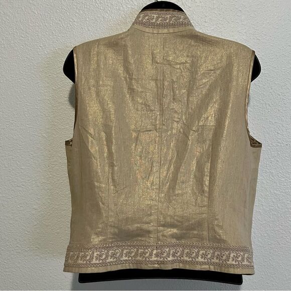 Peter Nygard Boho Gold Linen Blend Mandarin Collar Embellished Open Waist Vest M - Picture 5 of 14